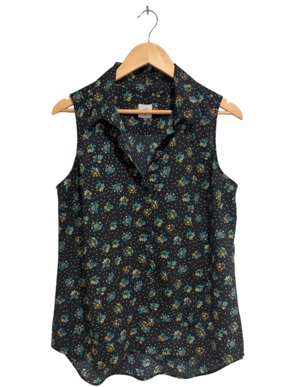 CAbi Black Sleeveless Floral Collared Pull-Over Blouse with Buttons